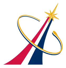 Two streaks, one red and one blue, streaming up to a star surrounded by a depiction of an orbiting object