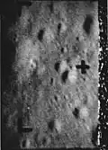 Last picture by Ranger 7, taken about 1,600 feet (490&nbsp;m) above the moon, reveals features as small as 15 inches (0.38&nbsp;m) across. Receiver noise pattern at right results from spacecraft crash on the moon while transmitting.