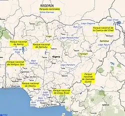 Map of Nigeria's national parks and Ramsar sites from Wikimaps