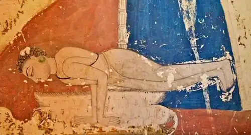 Mural depicting a Nath yogi in Mayurasana at the Mahamandir temple, Jodhpur, India, c. 1810