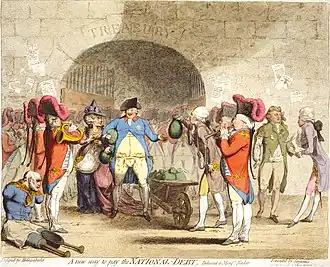 In a 1786 James Gillray caricature, the plentiful money bags handed to King George III are contrasted with the beggar whose legs and arms were amputated, in the left corner