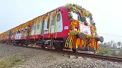 A Nepal Railway train on its inaugural run after the rail line's conversion to broad gauge.