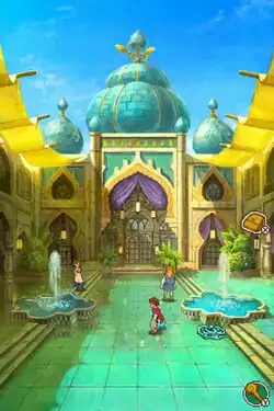 The player character is standing near the entrance to a tall gold-and-blue building.
