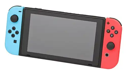 A Nintendo Switch in handheld mode with Neon Blue & Neon Red Joy-Con controllers