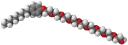 Ball-and-stick model of a nonoxynol-9 molecule.
