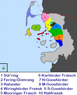 North Frisian map of the North Frisian dialects (1-Sylt, 2a-Föhr, 2b-Amrum)