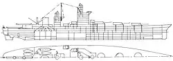 A line drawing of a ship with three gun turrets on the centerline forward, a tall superstructure, and a large funnel at the rear.