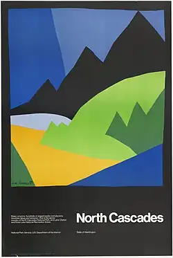 A modernist black poster with mid-century white typography and a minimal illustration with green hills, black mountain, blue skies, and a stipe of yellow sand. Large type at bottom right reads "North Cascades."