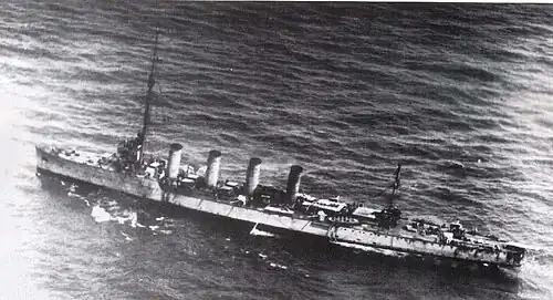 The battle-damaged SMS&nbsp;Novara&nbsp;(1913) after a victorious naval battle