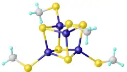 Structure of [Fe4S4(SMe)4]2−, a synthetic analogue of 4Fe-4S cofactors.[7]