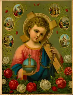 Chromolithograph of Jesus as a child, holding an orb and a crown of thorns