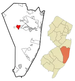 Map of Crestwood Village CDP in Ocean County. Inset: Location of Ocean County in New Jersey.