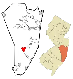 Location of Ocean Acres in Ocean County highlighted in red (left). Inset map: Location of Ocean County in New Jersey highlighted in orange (right).