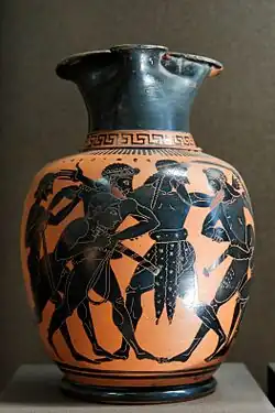 Dispute between Ajax and Odysseus for Achilles' armour. Attic black-figure oinochoe, c. 520 BC. Kalos inscription. H. 20&nbsp;cm (7+3⁄4&nbsp;in), diam. 13.7&nbsp;cm (5+1⁄2&nbsp;in).