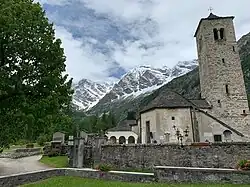 Old Church and the east wall of Monte Rosa, Macugnaga, Italy