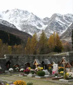 Old Church cemetery surrounded by Monte Rosa, Macugnaga, Italy