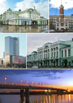 Top: Omsk State Academic Drama Theater&nbsp;[ru], Fire Observation Tower, (left to right) Middle: Omsk Festival Complex Center area, Vrubel Fine Art Museum, (left to right) Bottom: 60 Years Victory Bridge&nbsp;[ru]