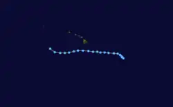 A track map of the westward path of a tropical depression over the Central Pacific Ocean, just south of Hawaii