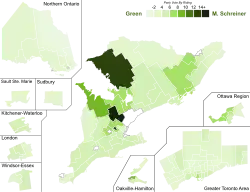 Support for Green Party candidates by riding