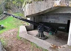 One of two surviving QF 4.7-inch B Mark IV* guns at Fort Péninsule, Forillon National Park, Quebec. It is similar to the guns at Fort Amherst.