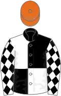 Black and white (quartered), white sleeves, black diamonds, orange cap