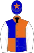 Orange and blue (quartered), white sleeves, blue cap, orange star