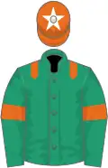 Emerald green, orange epaulets and armlets, orange cap, white star