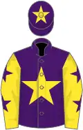 Purple, yellow star, yellow sleeves, purple stars, purple cap, yellow star