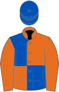 Orange and royal blue quartered, orange sleeves, royal blue cap