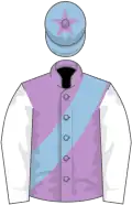 Mauve, light blue sash, white sleeves, light blue cap, mauve star