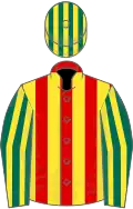 Red and yellow stripes, dark green and yellow striped sleeves and cap