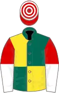 Dark green and yellow quartered,red and white halved slvs,red and white hooped cap