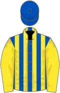 Royal blue and yellow stripes, yellow sleeves, royal blue cap