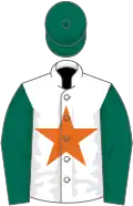 White, orange star, dark green sleeves and cap