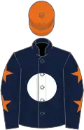 Dark blue, white disc, dark blue sleeves, orange stars, orange cap