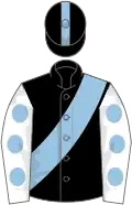 Black, light blue sash, white sleeves, light blue dots, black cap, light blue stripe