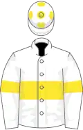 White, yellow hoop and armlet, white cap, yellow spots