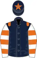 Dark blue, orange epaulets, white and orange hooped sleeves, dark blue cap, orange star
