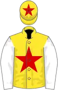 Yellow, red star, white sleeves, yellow cap, red star