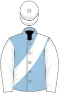 Light blue, white sash, sleeves and cap