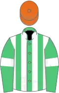 Emerald green and white stripes, emerald green sleeves, white armlets, orange cap