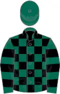 Dark green and black check, hooped sleeves, green cap