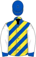 Yellow and royal blue diagonal stripes, white sleeves, royal blue cuffs, royal blue cap