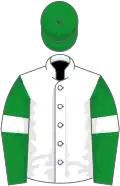 White, green sleeves, white armlets, green cap