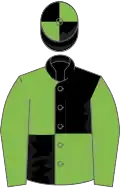 Black and light green quartered, light green sleeves, quartered cap