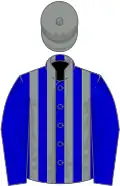 Blue and grey stripes, blue sleeves, grey cap