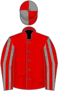 Red, grey striped sleeves, quartered cap