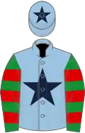 Light blue, dark blue star, green and red hooped sleeves, light blue cap, dark blue star