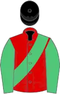 RED, emerald green sash and sleeves, black cap