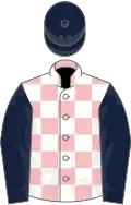 Pink and white check, dark blue sleeves and cap